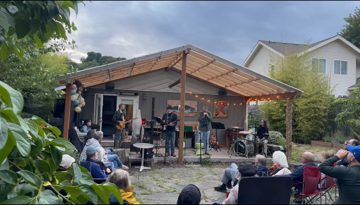 Backyard concert with band and audience outdoors.